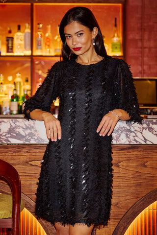 Black Hanging Sequin Tunic With Balloon Sleeves - Ezeyor