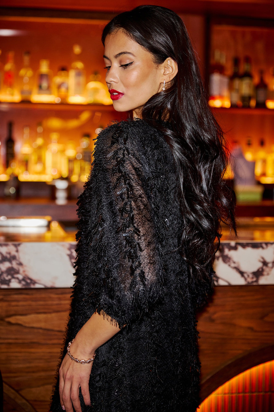 Black Hanging Sequin Tunic With Balloon Sleeves - Ezeyor