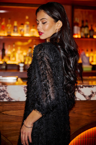 Black Hanging Sequin Tunic With Balloon Sleeves - Ezeyor