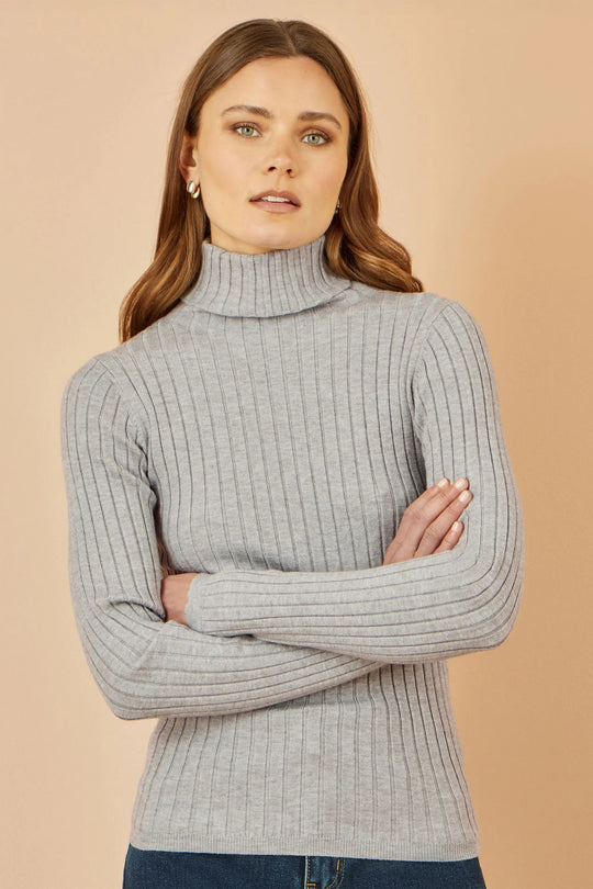 Yumi Grey Ribbed Knit Roll Neck Jumper - Ezeyor