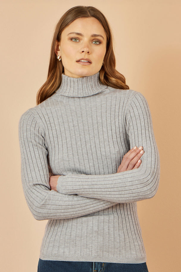 Yumi Grey Ribbed Knit Roll Neck Jumper - Ezeyor