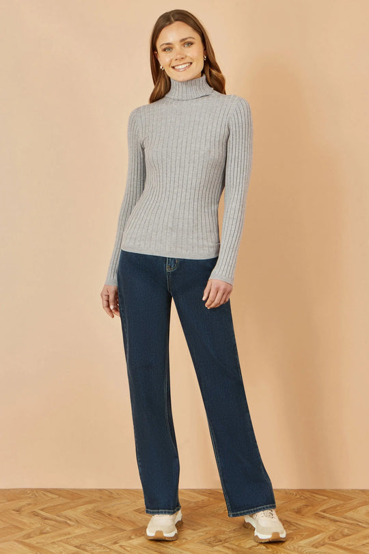 Yumi Grey Ribbed Knit Roll Neck Jumper - Ezeyor
