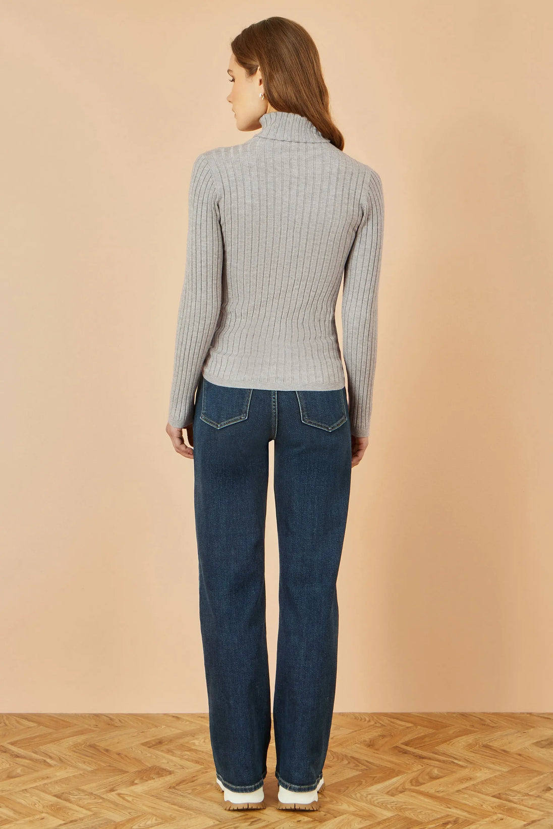 Yumi Grey Ribbed Knit Roll Neck Jumper - Ezeyor