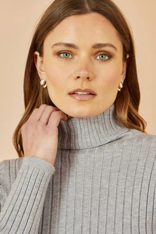 Yumi Grey Ribbed Knit Roll Neck Jumper - Ezeyor