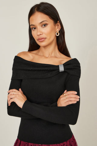 Black Sparkle Bardot Jumper With Diamante Detail - Ezeyor