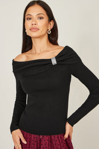Black Sparkle Bardot Jumper With Diamante Detail - Ezeyor
