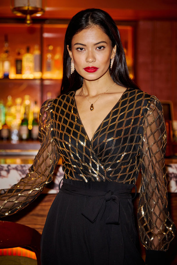 Yumi Black And Gold Sequin Wrap Over Jumpsuit - Ezeyor