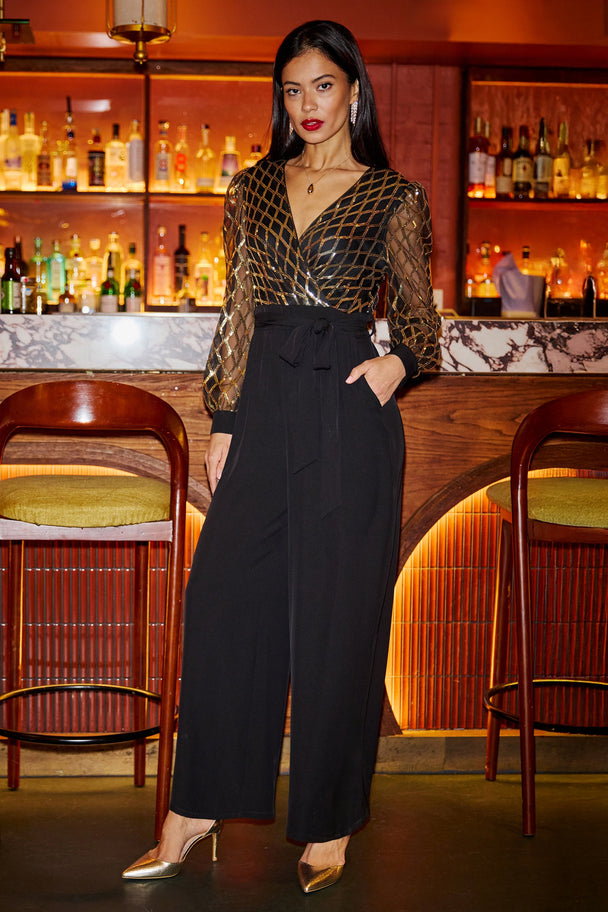 Yumi Black And Gold Sequin Wrap Over Jumpsuit - Ezeyor
