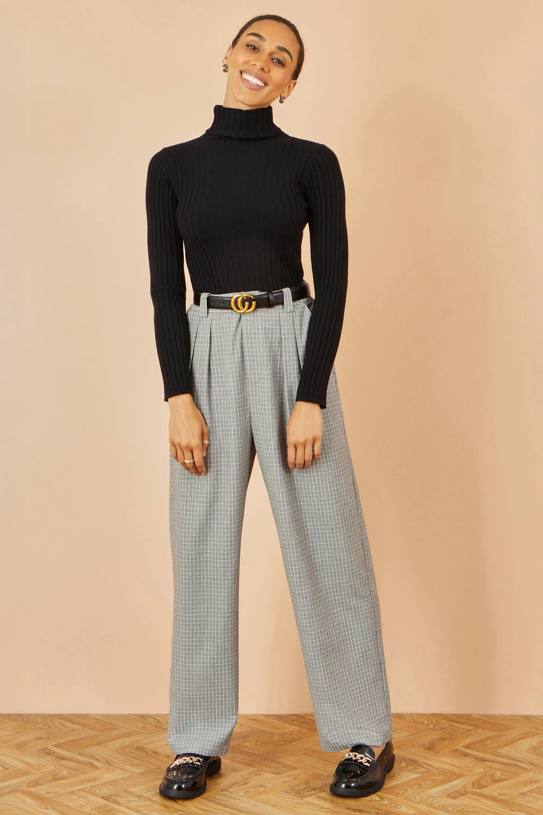 Yumi Grey Check Wide Leg Trousers Yumi
