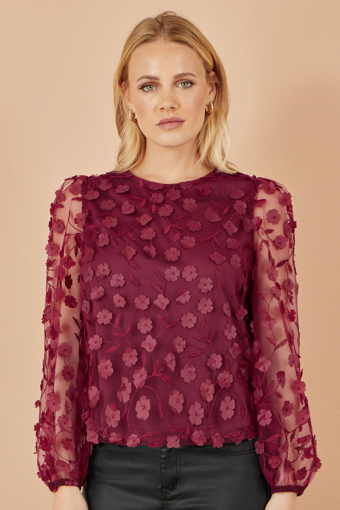 Yumi Burgundy Sheer Sleeve flower applique party top with sheer floral sleeves