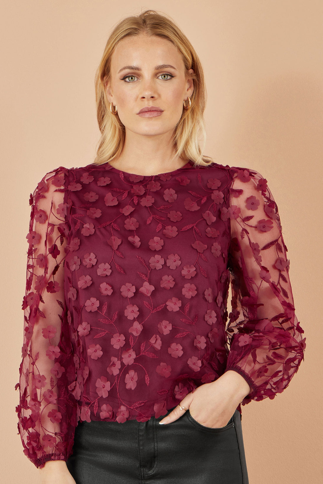 Yumi Burgundy Sheer Sleeve flower applique top with sheer floral sleeves for party season