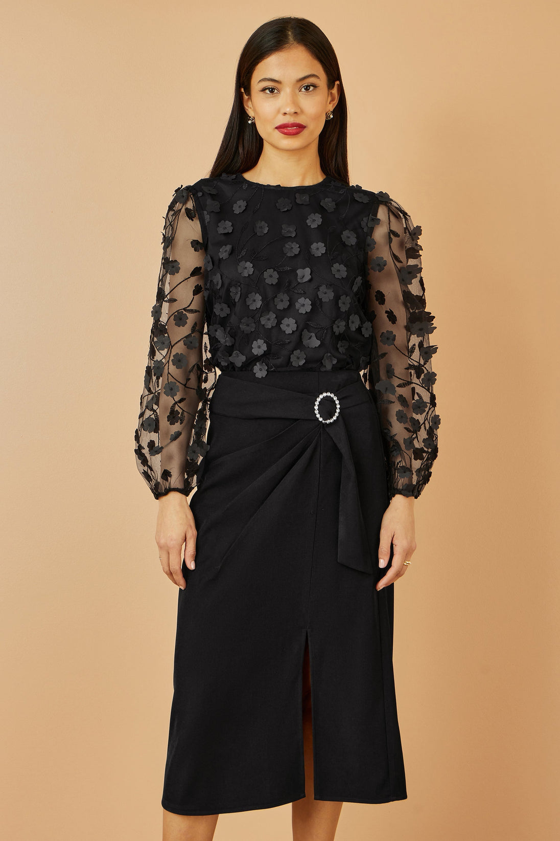 Yumi Black Sheer Sleeve Applique Flower Top Yumi