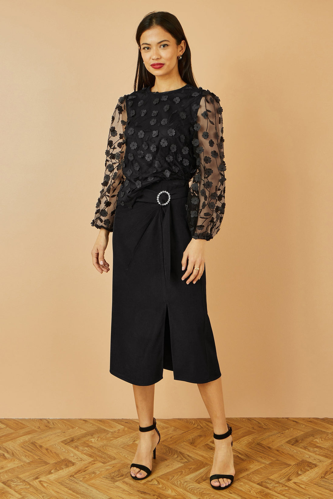 Yumi Black Sheer Sleeve Applique Flower Top Yumi