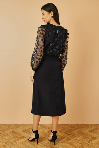 Yumi Black Sheer Sleeve Applique Flower Top Yumi