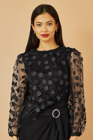 Yumi Black Sheer Sleeve Applique Flower Top Yumi