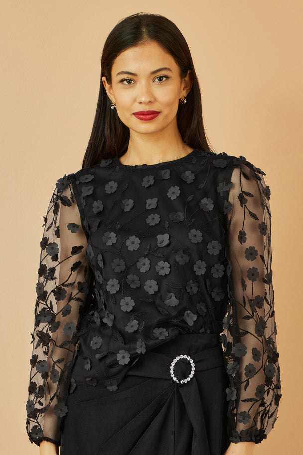 Yumi Black Sheer Sleeve Applique Flower Top Yumi