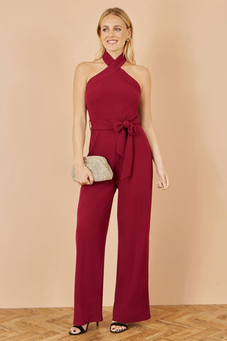 Yumi Burgundy Cross Over Halter Neck Jumpsuit Yumi