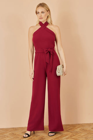 Yumi Burgundy Cross Over Halter Neck Jumpsuit Yumi
