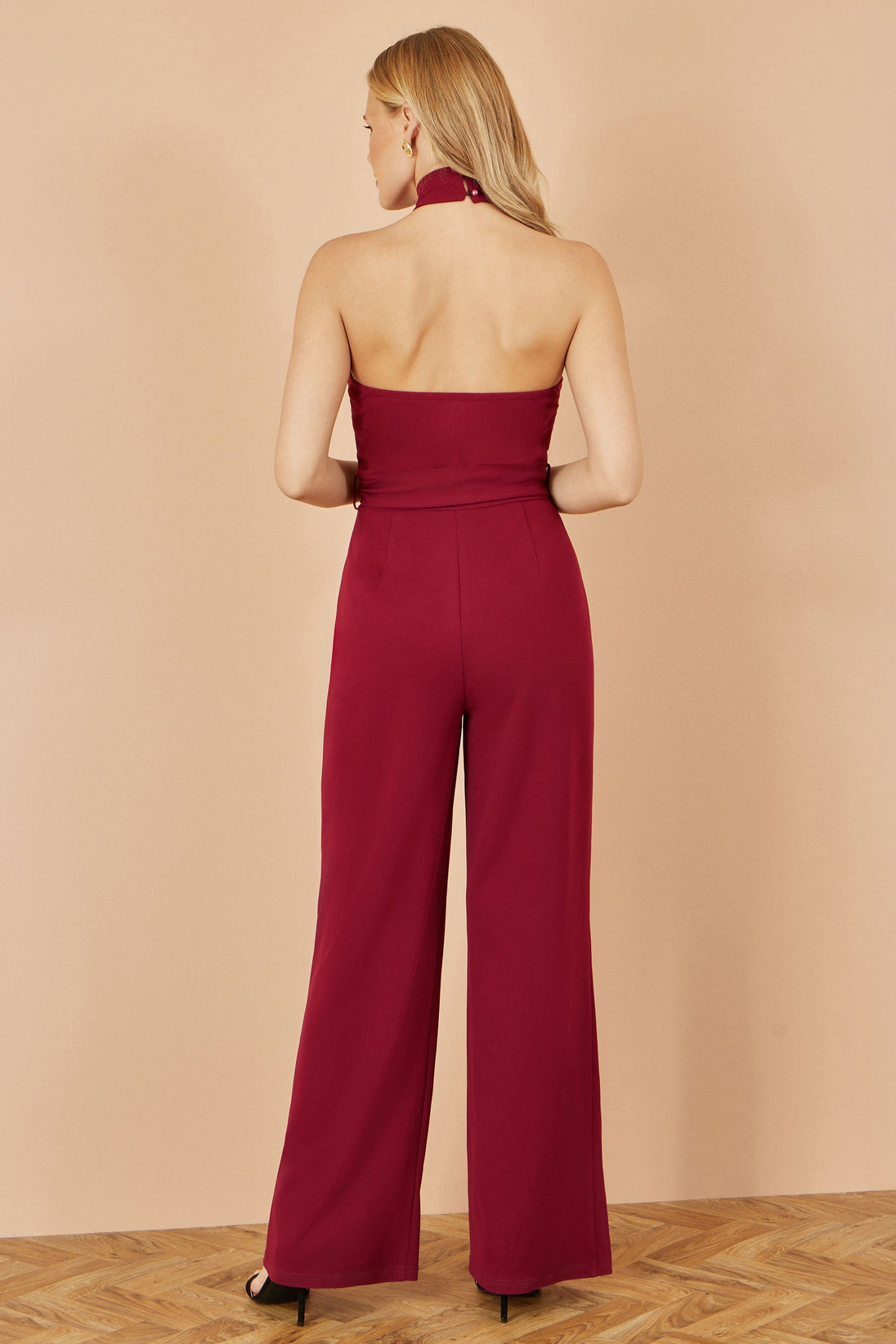 Yumi Burgundy Cross Over Halter Neck Jumpsuit Yumi