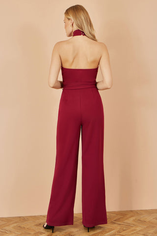 Yumi Burgundy Cross Over Halter Neck Jumpsuit Yumi