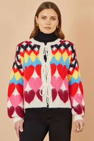 Yumi Multicolour Tie Front Heart Intarsia Cardigan with bright heart pattern and tie front fastening