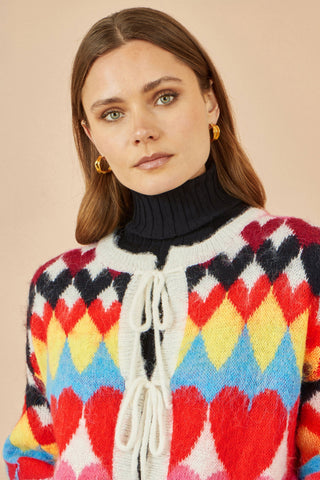 Yumi Multicolour Tie Front Heart Intarsia Cardigan with vibrant soft knit and tie front fastening