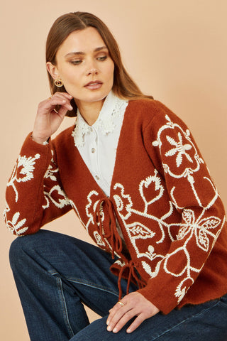 Brown Folk Embroidered Tie Front Cardigan - Ezeyor