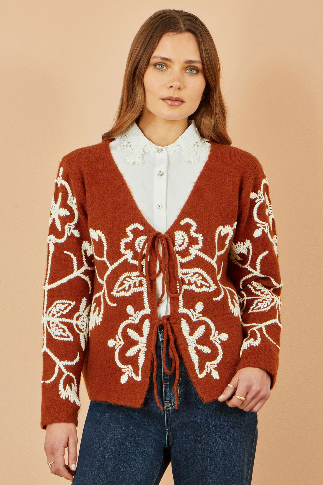Brown Folk Embroidered Tie Front Cardigan - Ezeyor