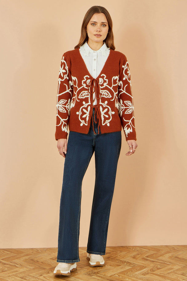 Brown Folk Embroidered Tie Front Cardigan - Ezeyor