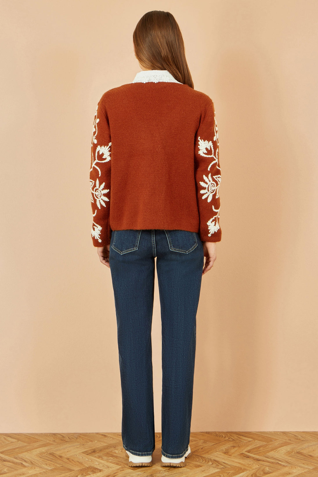 Brown Folk Embroidered Tie Front Cardigan - Ezeyor