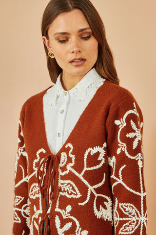 Brown Folk Embroidered Tie Front Cardigan - Ezeyor