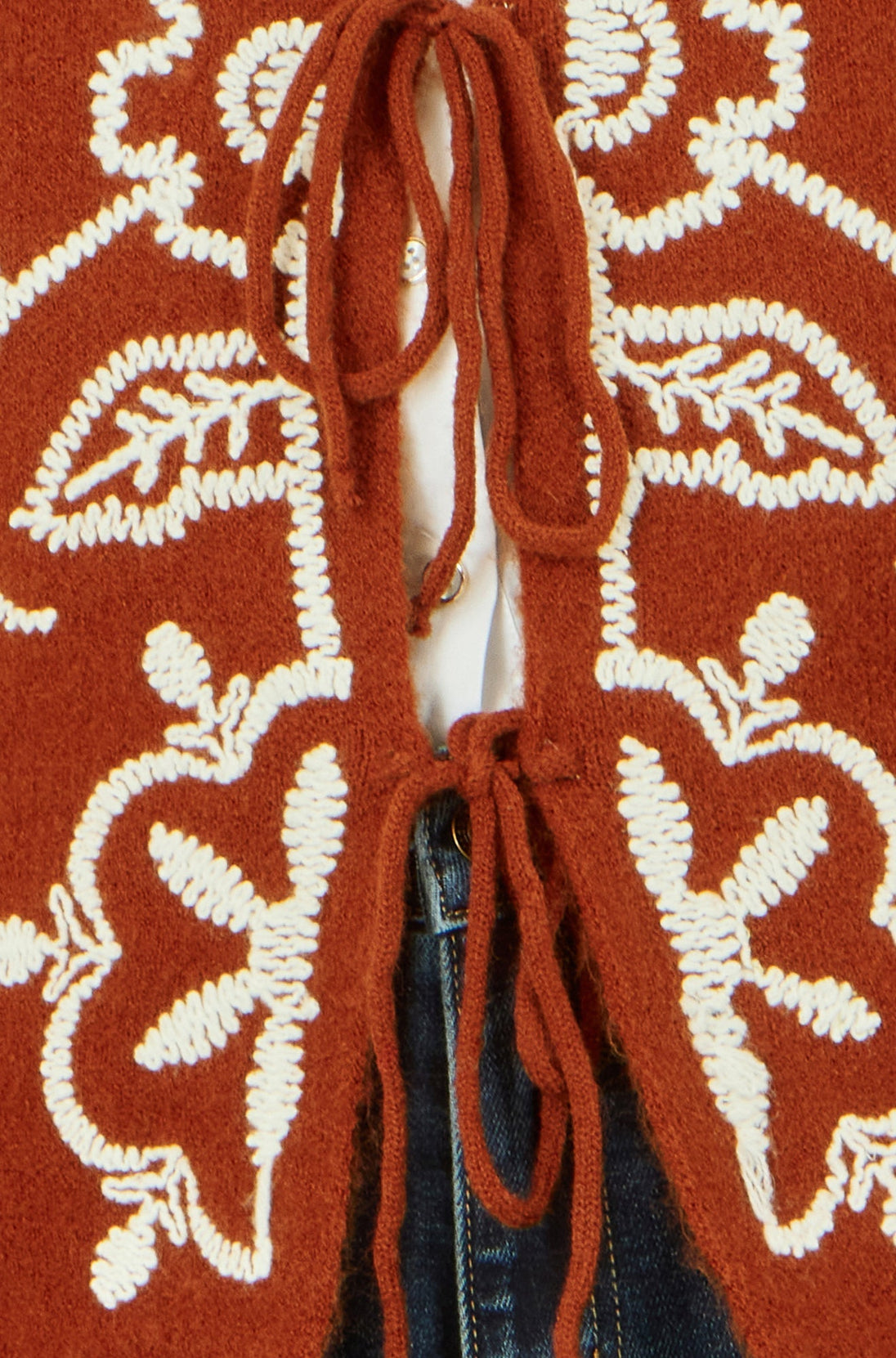 Brown Folk Embroidered Tie Front Cardigan - Ezeyor