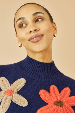 Navy Knitted High Neck Jumper With Applique Flowers Yumi