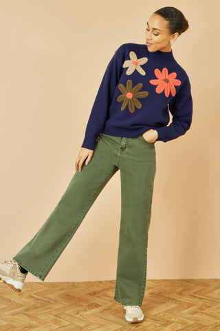 Navy Knitted High Neck Jumper With Applique Flowers Yumi