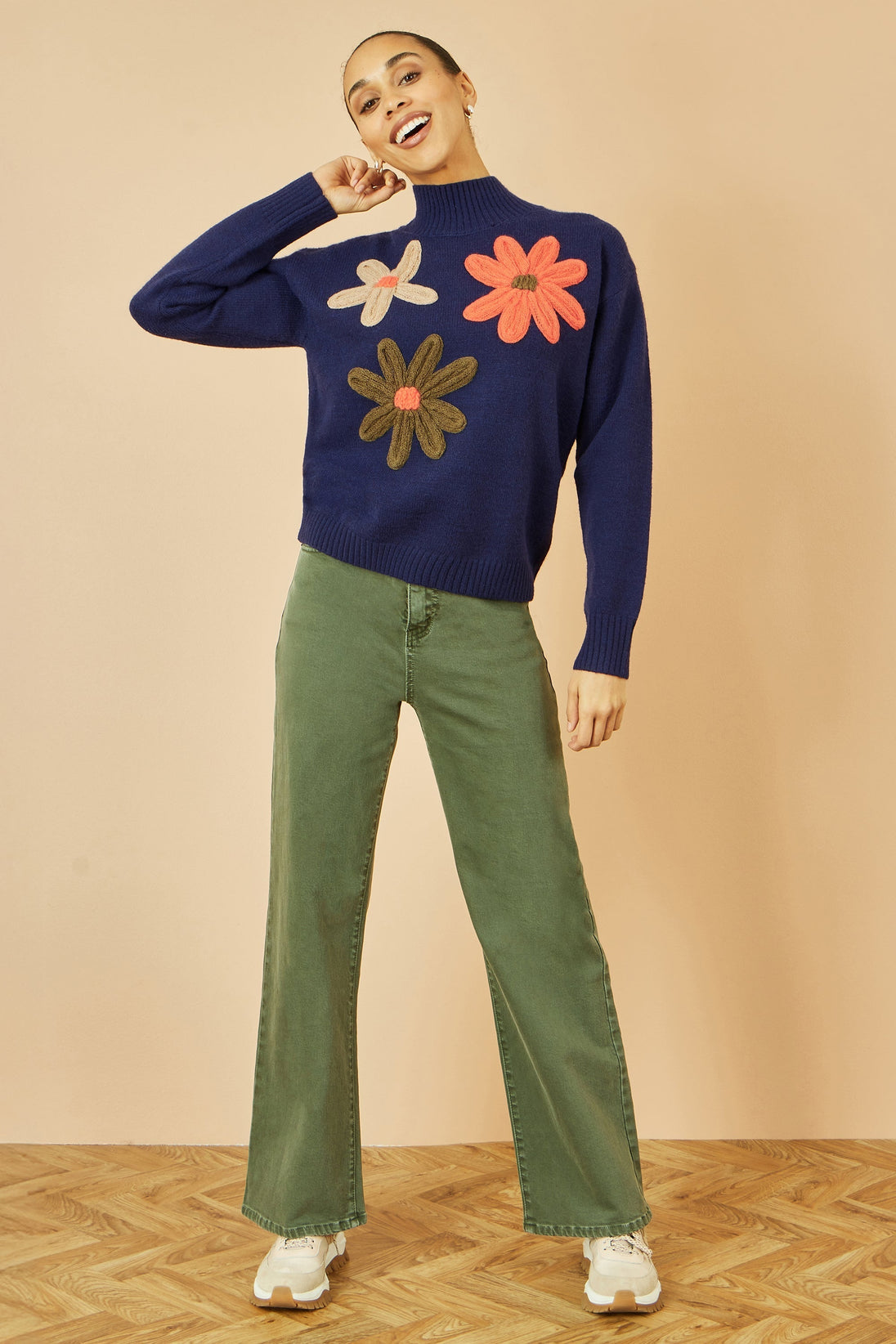 Navy Knitted High Neck Jumper With Applique Flowers Yumi