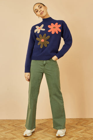Navy Knitted High Neck Jumper With Applique Flowers Yumi
