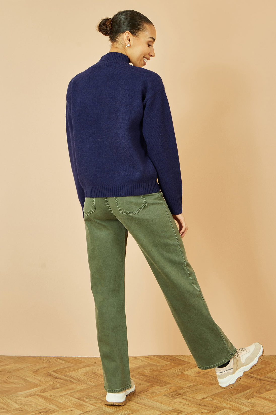 Navy Knitted High Neck Jumper With Applique Flowers Yumi