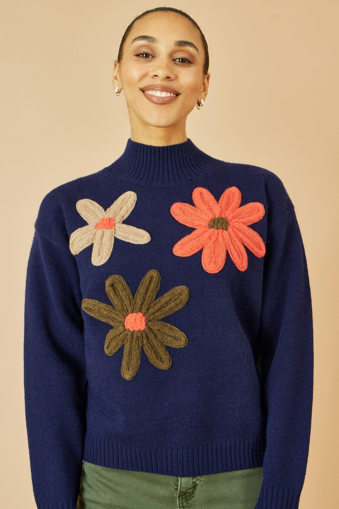 Navy Knitted High Neck Jumper With Applique Flowers Yumi
