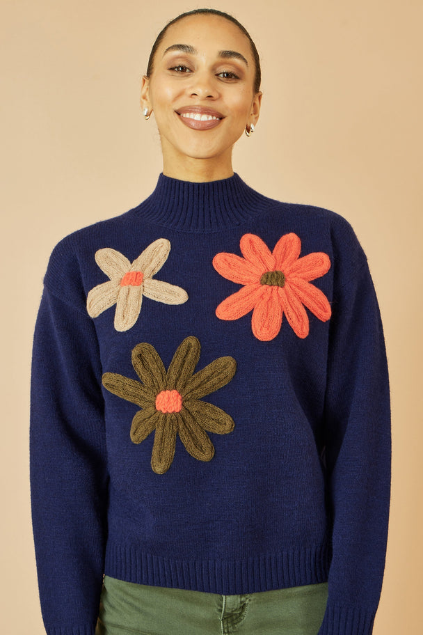 Navy Knitted High Neck Jumper With Applique Flowers Yumi