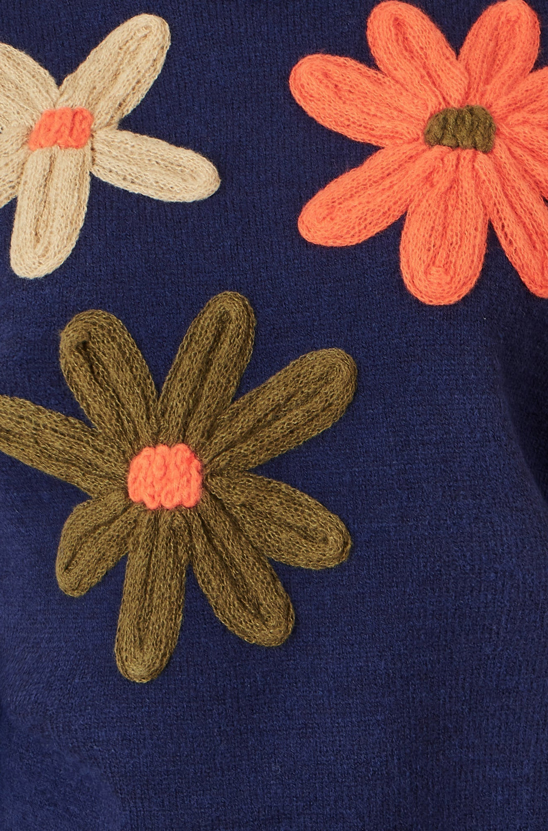 Navy Knitted High Neck Jumper With Applique Flowers Yumi