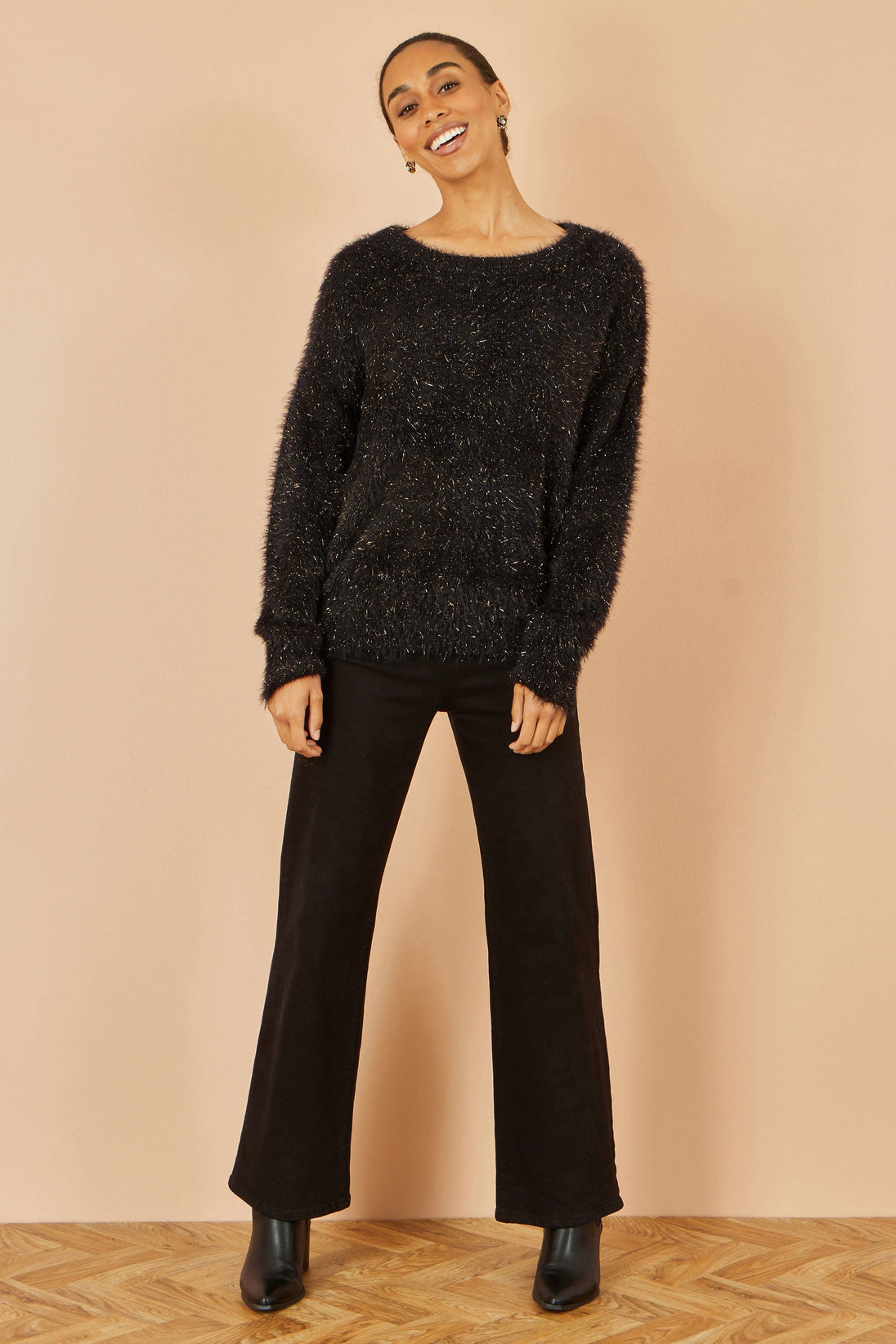 Black Metallic Fluffy Eyelash Relaxed Jumper - Ezeyor