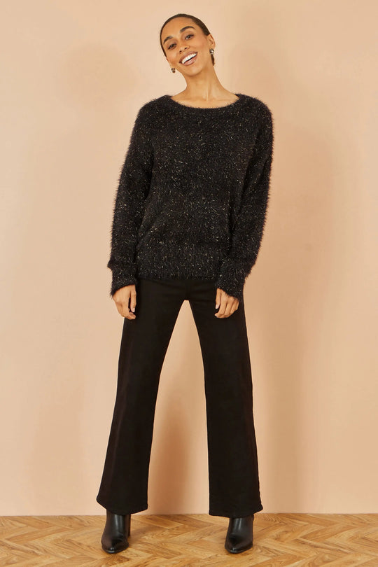 Black Metallic Fluffy Eyelash Relaxed Jumper - Ezeyor