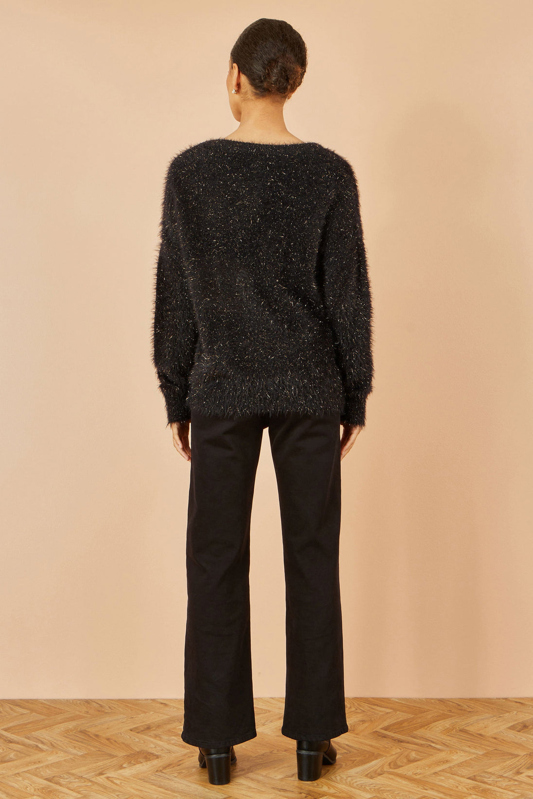 Black Metallic Fluffy Eyelash Relaxed Jumper - Ezeyor