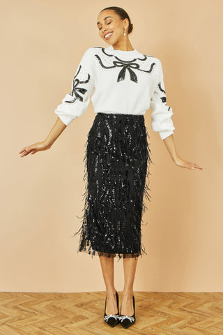 Yumi Black Hanging Sequin fitted midi skirt with glittering hanging sequins and elegant silhouette