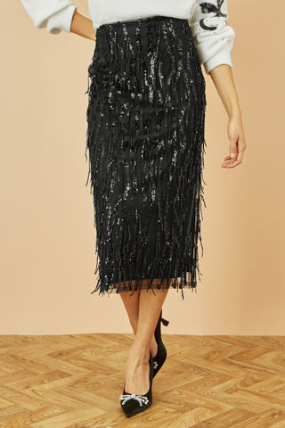 Yumi Black Hanging Sequin fitted midi skirt with dangling sequins and sleek silhouette