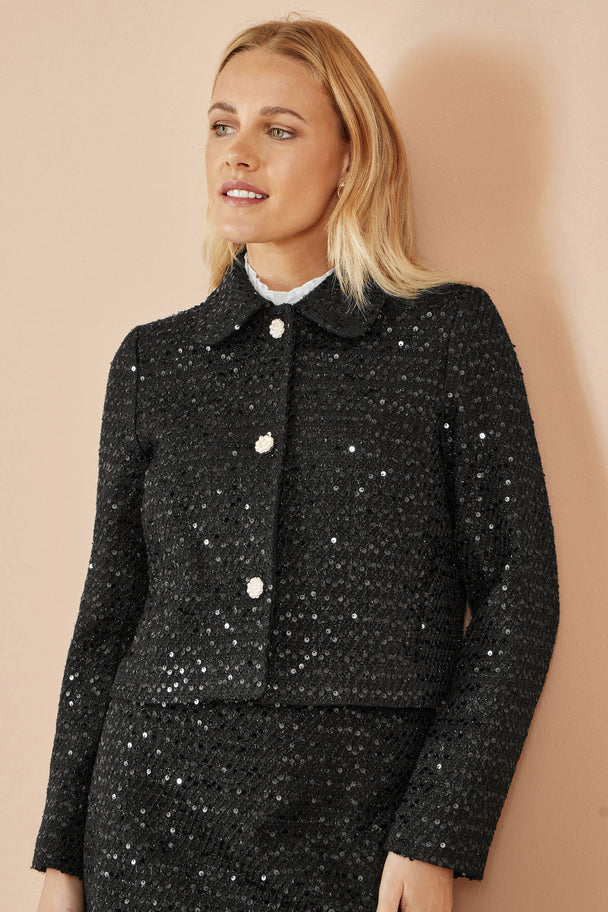 Yumi Black Boucle Sequin Jacket With Pearl Buttons Yumi