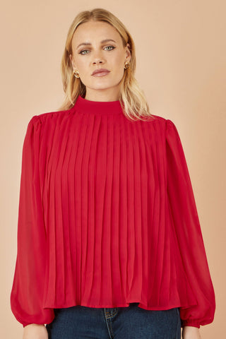 Red Pleated Long Sleeve Top With High Neck - Ezeyor