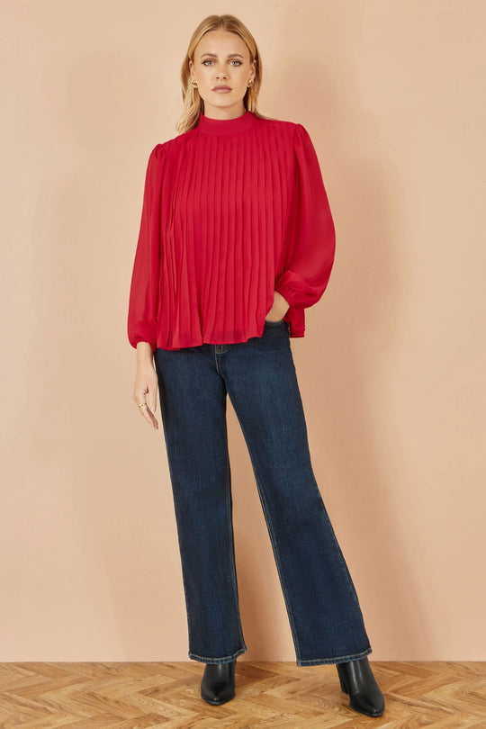 Red Pleated Long Sleeve Top With High Neck - Ezeyor