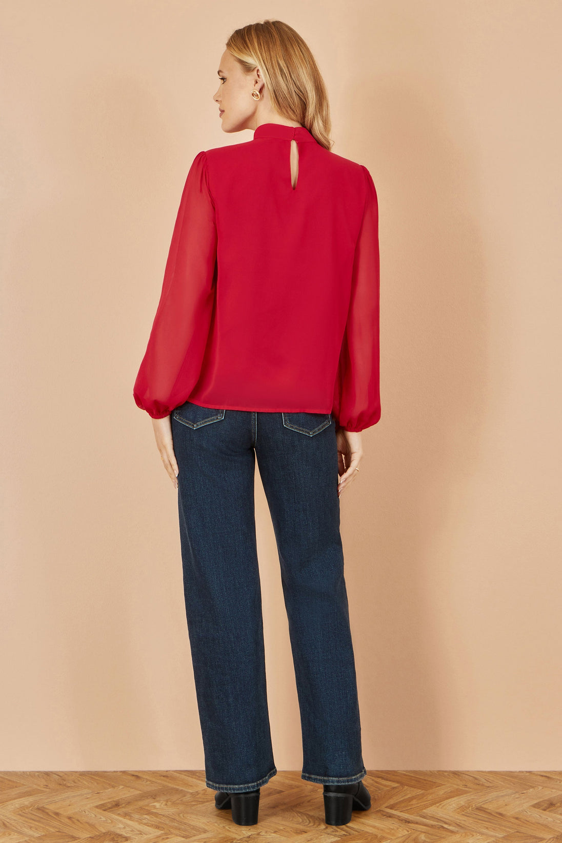 Red Pleated Long Sleeve Top With High Neck - Ezeyor