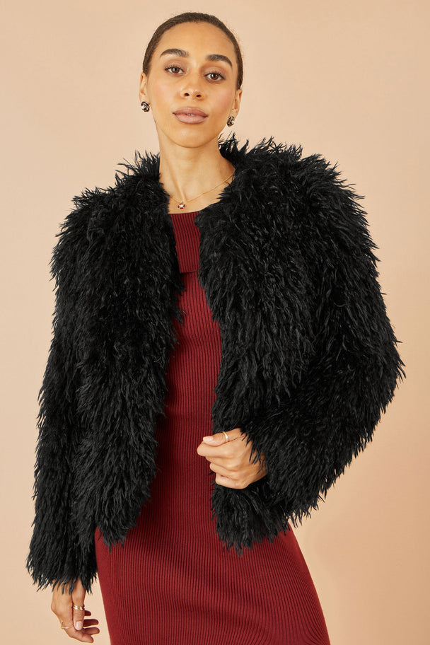 Black Luxe Fluffy Faux Fur Coat Yumi
